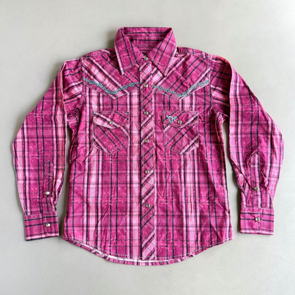 Cowgirl Hardware Western Snap Shirt Pink Plaid Embroidered Girls Small Sz 6 NWOT